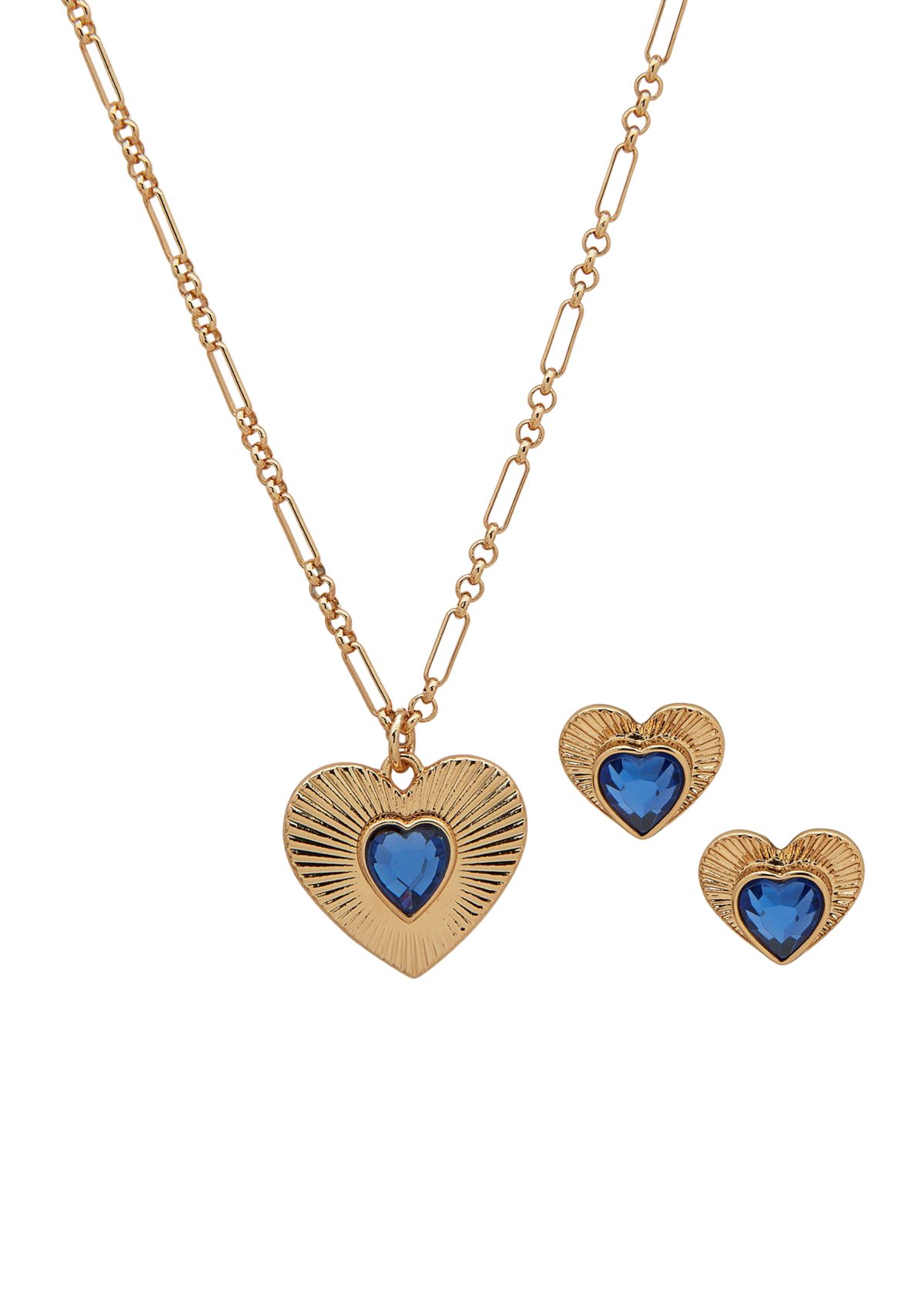 Gold Tone Blue Heart Stud Earrings and Pendant Necklace Set