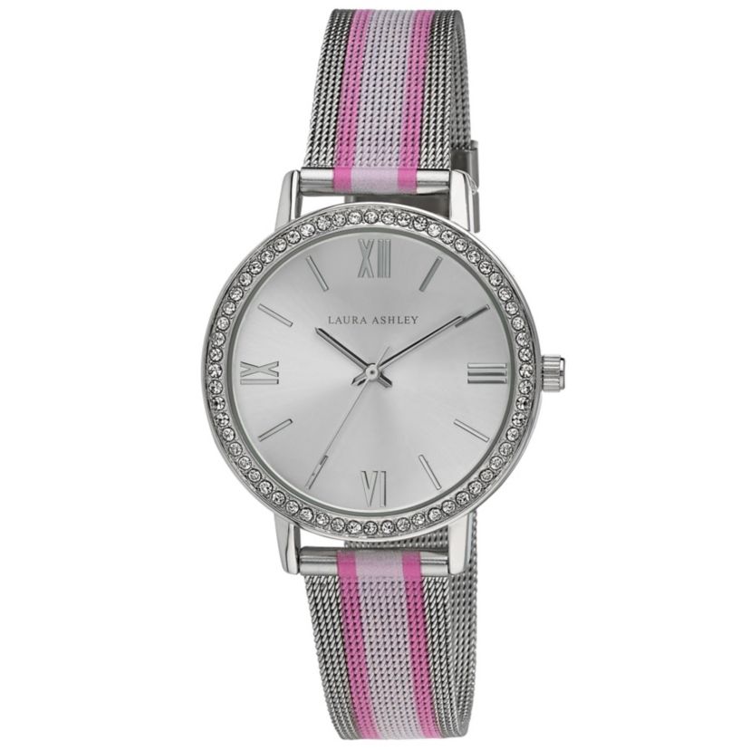 Bezel Pink Striped Rugby Mesh Strap Watch