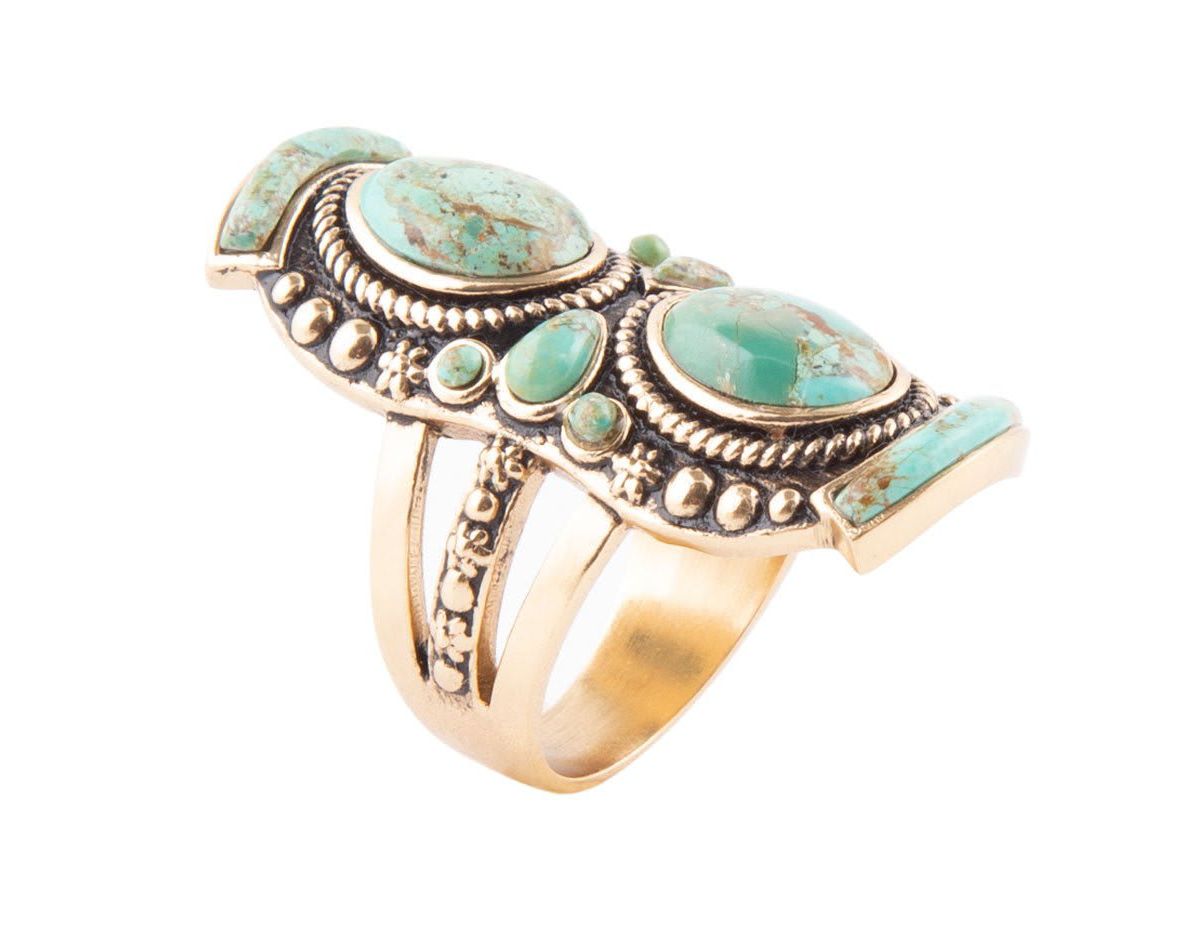Double Up Blue Turquoise Golden Shield Ring