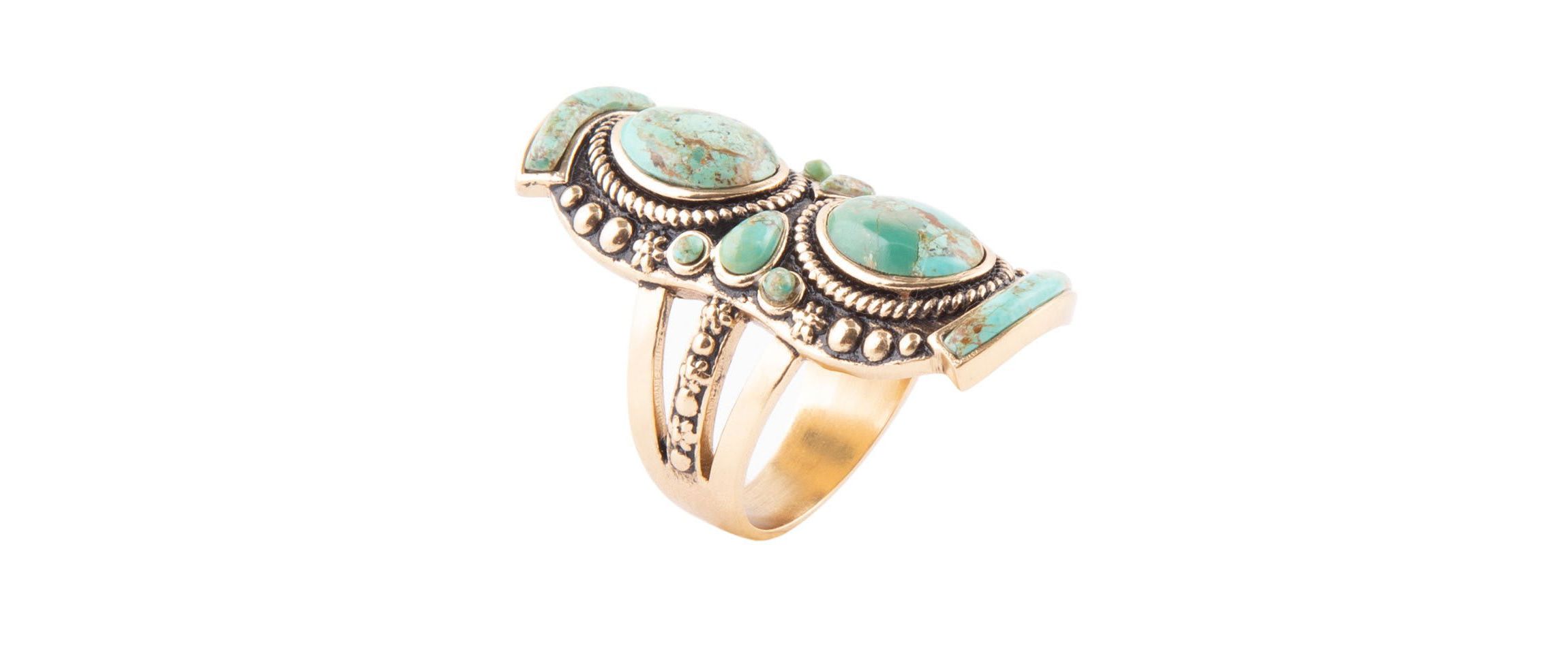 Double Up Blue Turquoise Golden Shield Ring