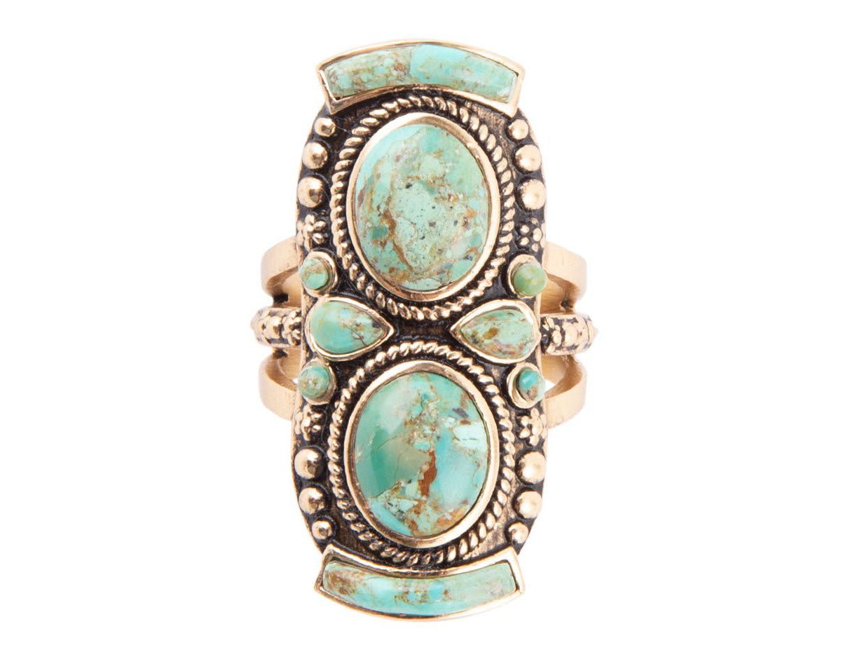 Double Up Blue Turquoise Golden Shield Ring