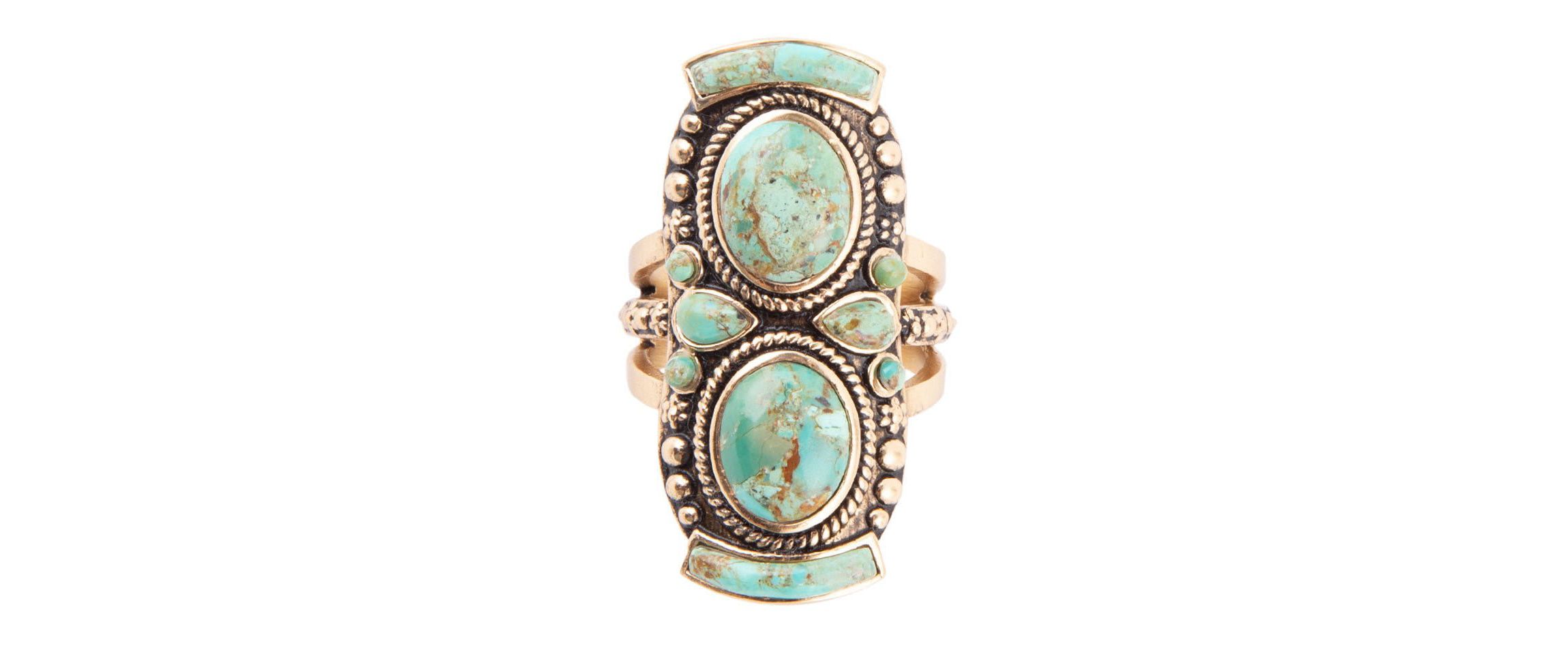 Double Up Blue Turquoise Golden Shield Ring