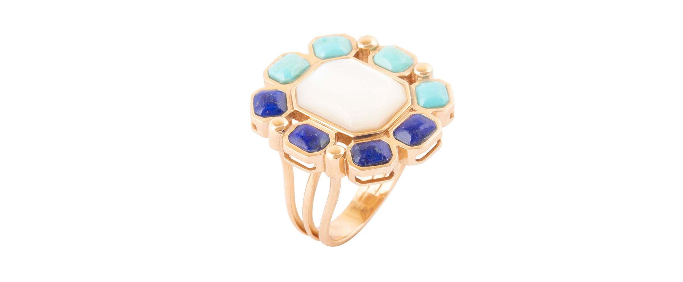 Barse Jewelry Dual Color Blue Lapis Turquoise and White Mother of Pearl Golden Ring