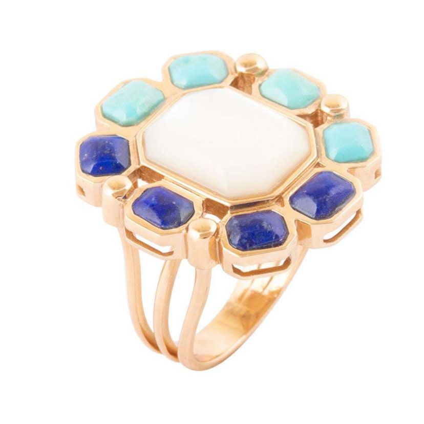 Barse Jewelry Dual Color Blue Lapis Turquoise and White Mother of Pearl Golden Ring