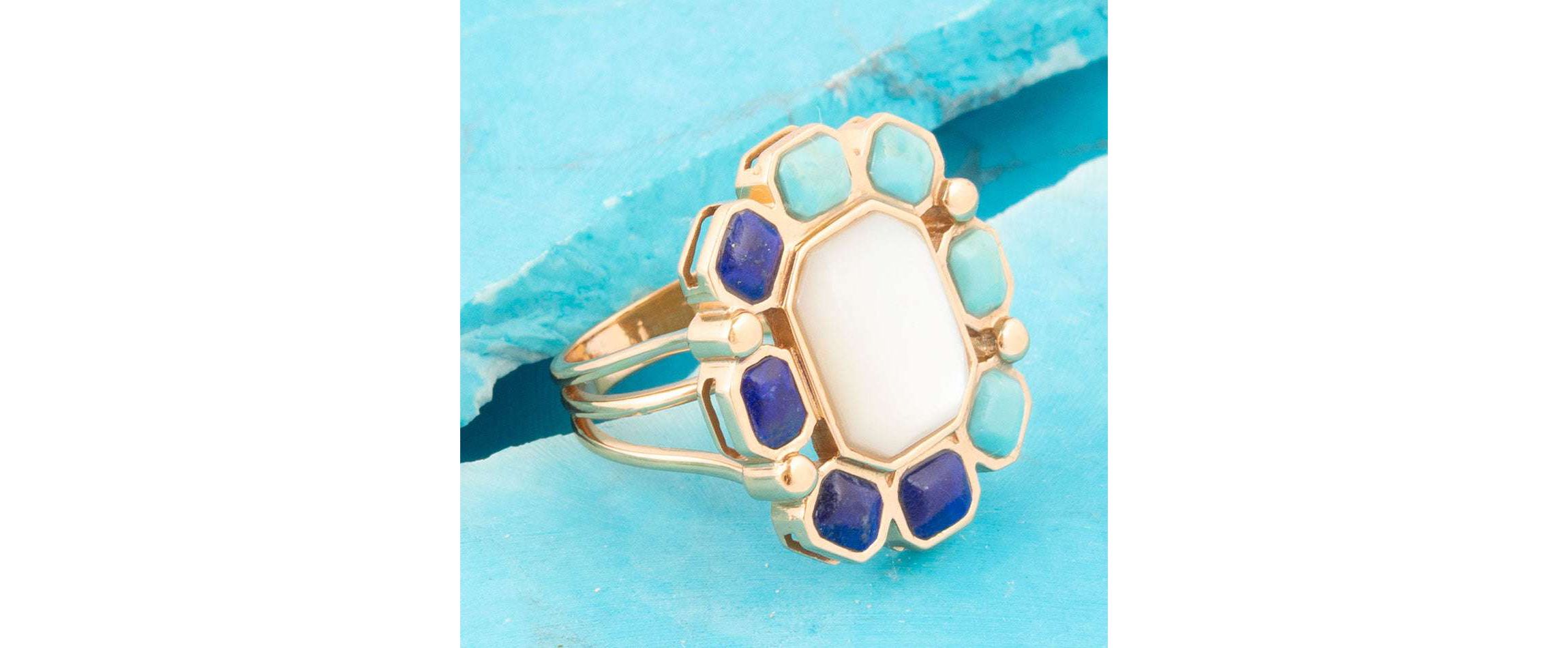 Barse Jewelry Dual Color Blue Lapis Turquoise and White Mother of Pearl Golden Ring