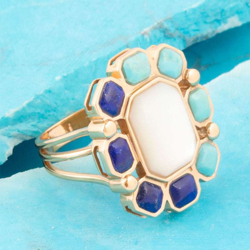 Barse Jewelry Dual Color Blue Lapis Turquoise and White Mother of Pearl Golden Ring