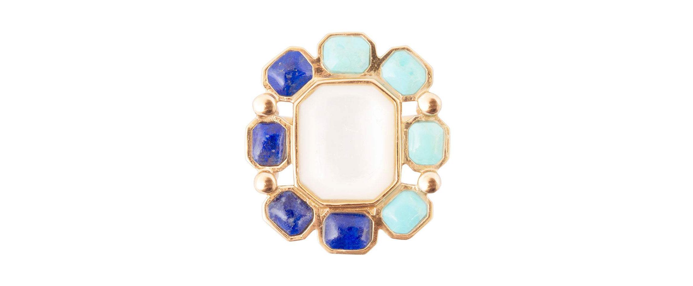 Barse Jewelry Dual Color Blue Lapis Turquoise and White Mother of Pearl Golden Ring