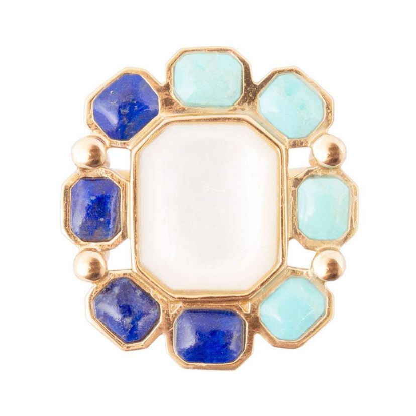 Barse Jewelry Dual Color Blue Lapis Turquoise and White Mother of Pearl Golden Ring