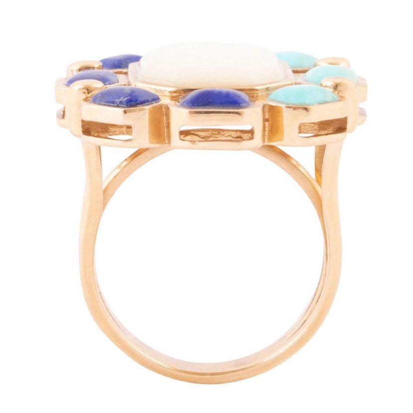 Barse Jewelry Dual Color Blue Lapis Turquoise and White Mother of Pearl Golden Ring