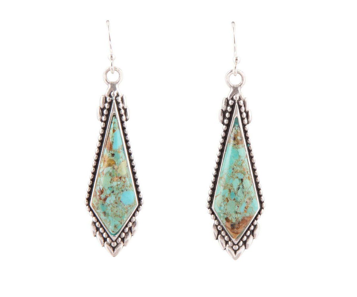 Anemone Long Diamond Genuine Turquoise and Sterling Silver Earrings