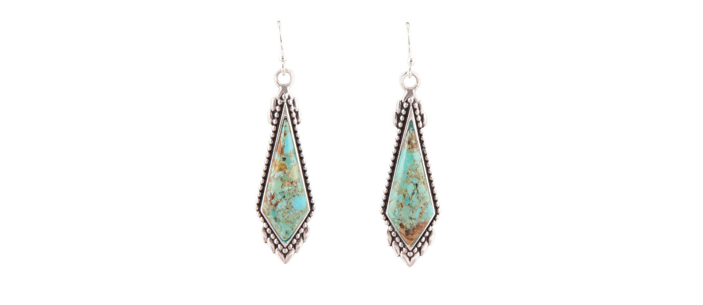 Anemone Long Diamond Genuine Turquoise and Sterling Silver Earrings