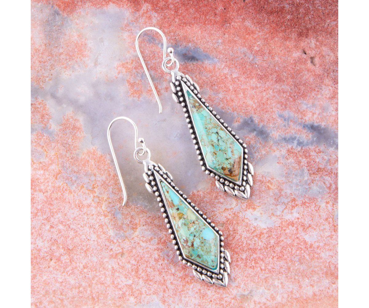 Anemone Long Diamond Genuine Turquoise and Sterling Silver Earrings