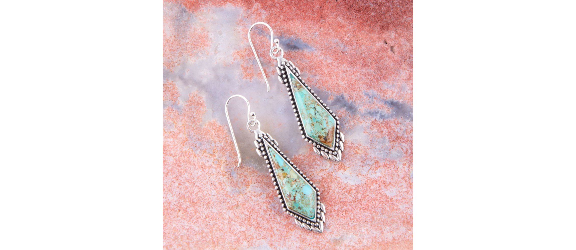Anemone Long Diamond Genuine Turquoise and Sterling Silver Earrings