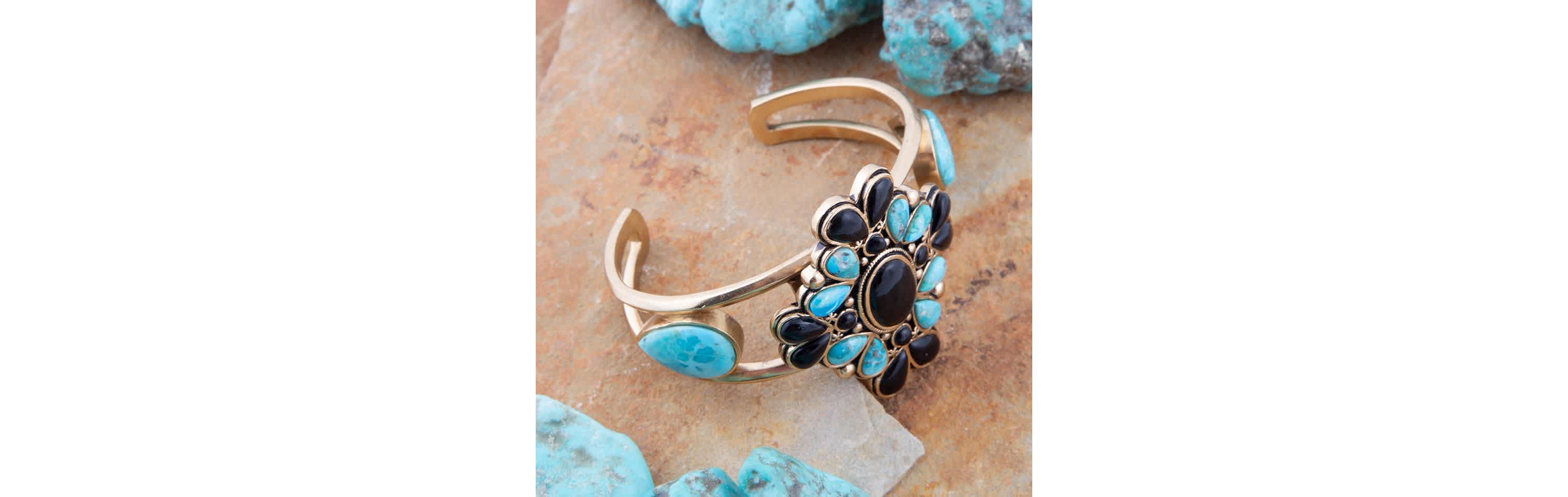 Barcelona Blue Turquoise Onyx Golden Cuff Bracelet