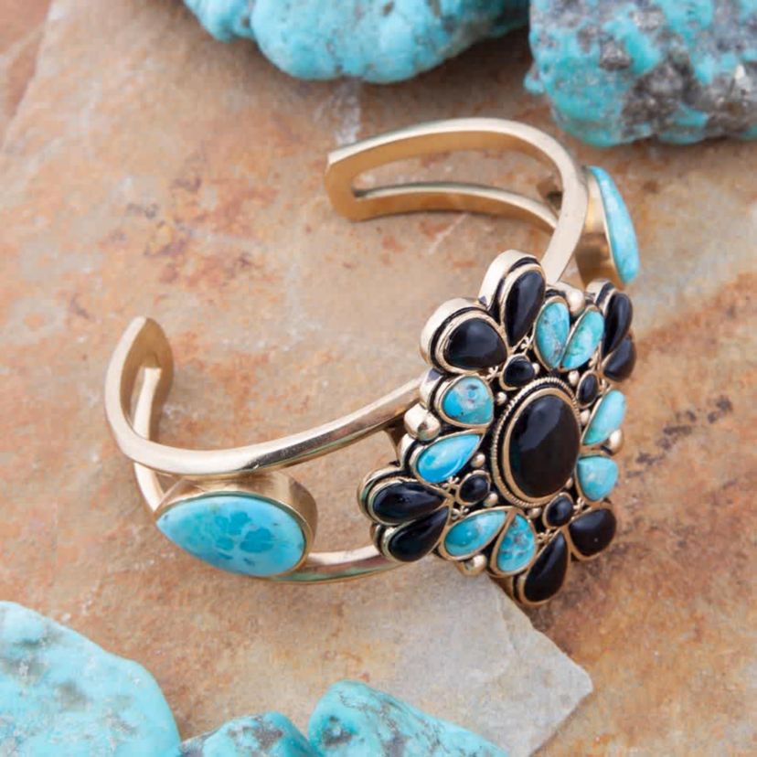 Barcelona Blue Turquoise Onyx Golden Cuff Bracelet
