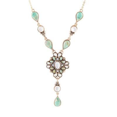 Barse Jewelry White Mother of Pearl and Blue Turquoise Golden Barcelona Y-Necklace