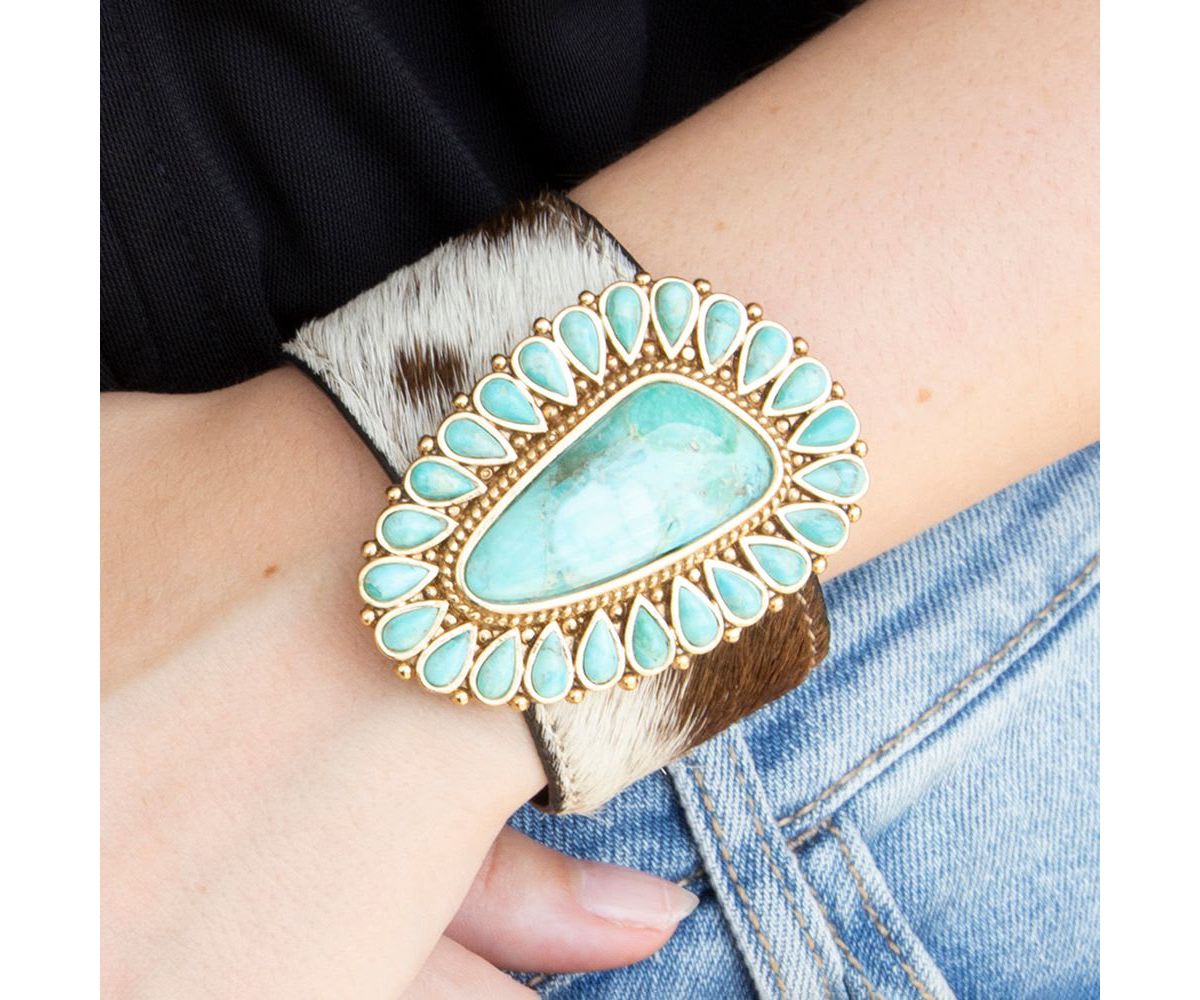 Cowgirl Up Turquoise and Cowhide Cuff Bracelet