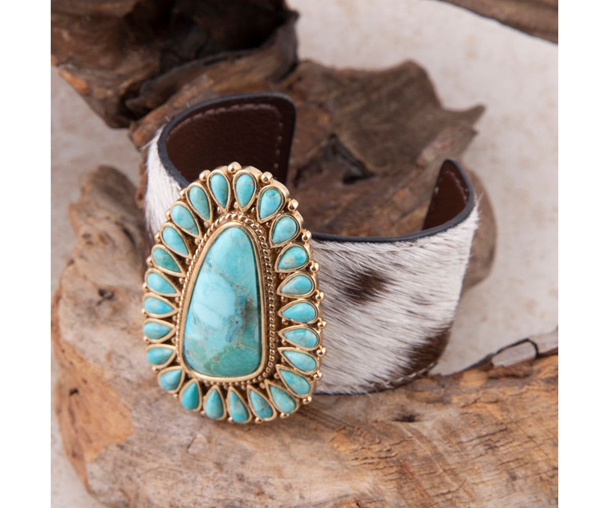Cowgirl Up Turquoise and Cowhide Cuff Bracelet