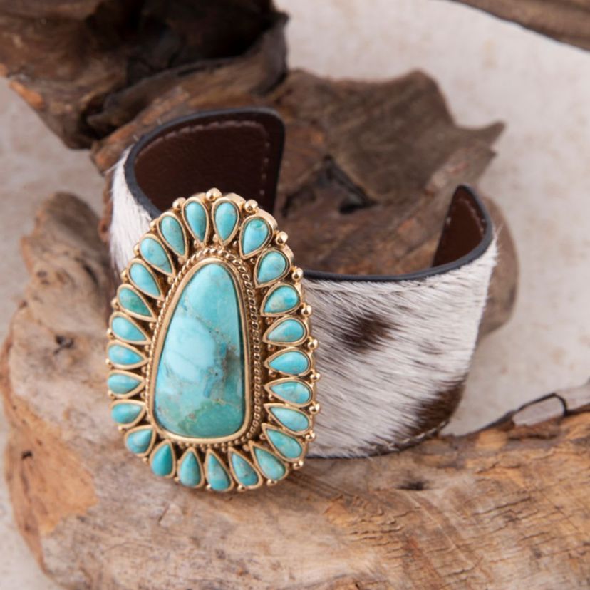 Cowgirl Up Turquoise and Cowhide Cuff Bracelet