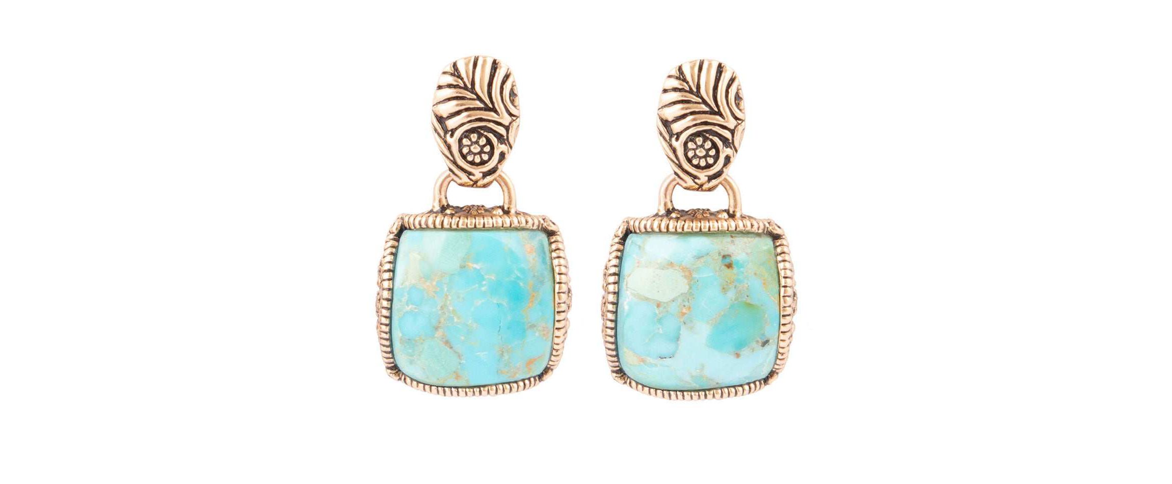 Barse Jewelry Carved Blue Turquoise Golden Drop Earrings