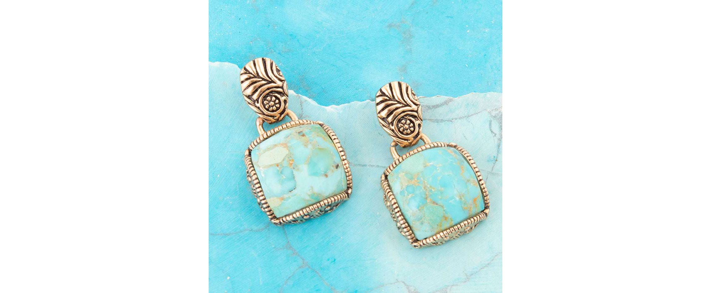 Barse Jewelry Carved Blue Turquoise Golden Drop Earrings