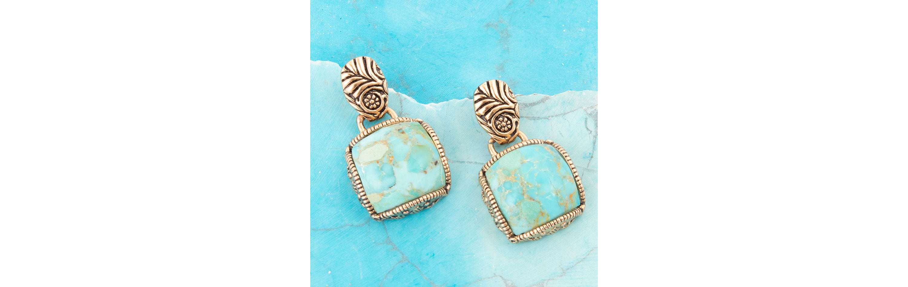 Barse Jewelry Carved Blue Turquoise Golden Drop Earrings