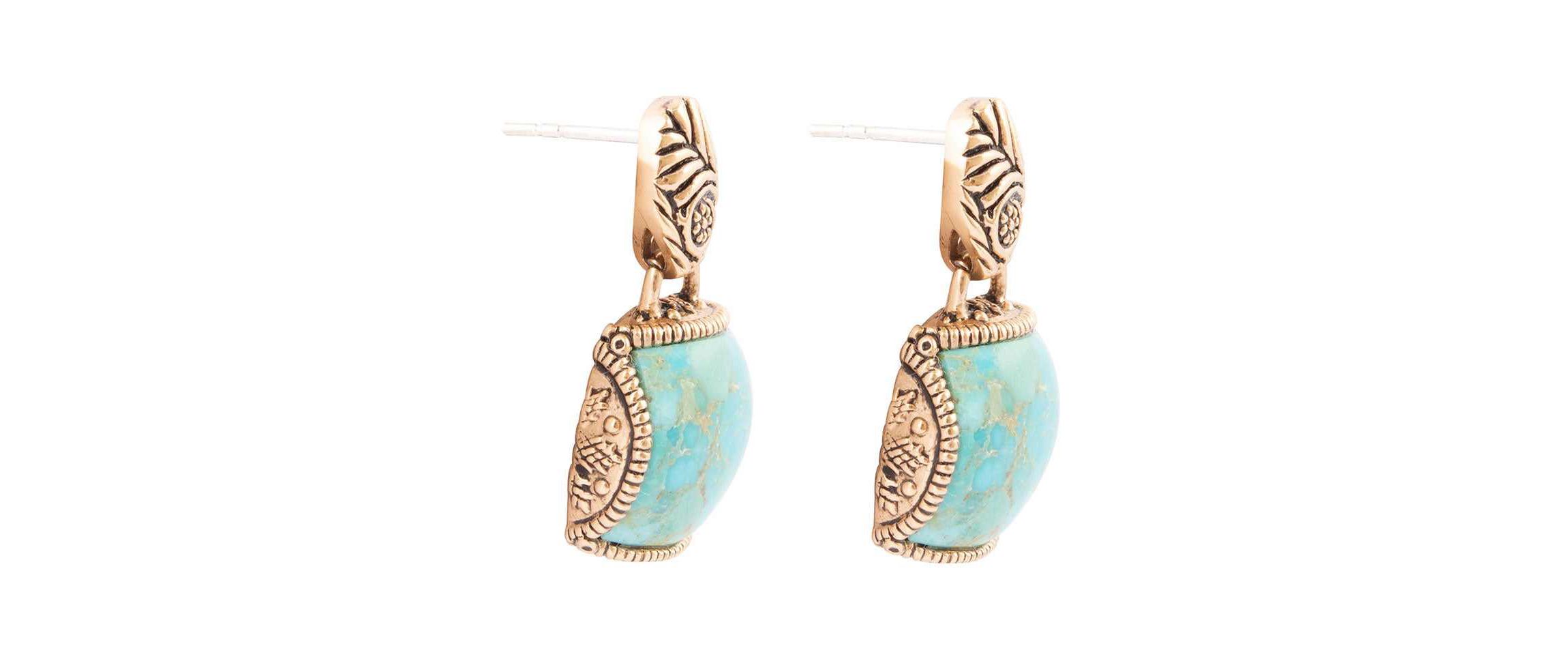Barse Jewelry Carved Blue Turquoise Golden Drop Earrings