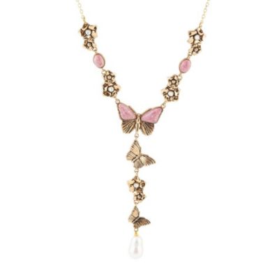 Barse Jewelry Pink Rhodonite and White Pearl Golden Butterflies Y Necklace