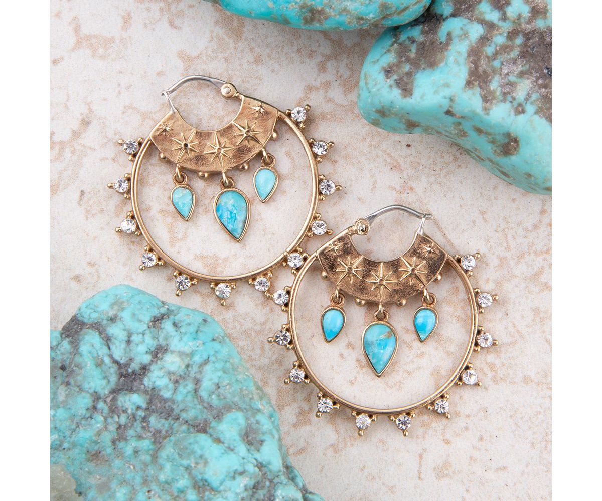 Celestial Blue Turquoise Golden Hoop Earrings