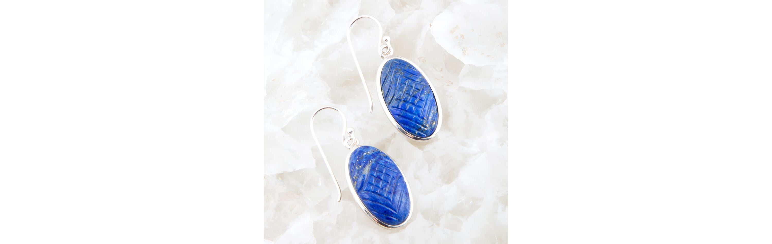Carved Blue Lapis Sterling Silver Drop Earrings