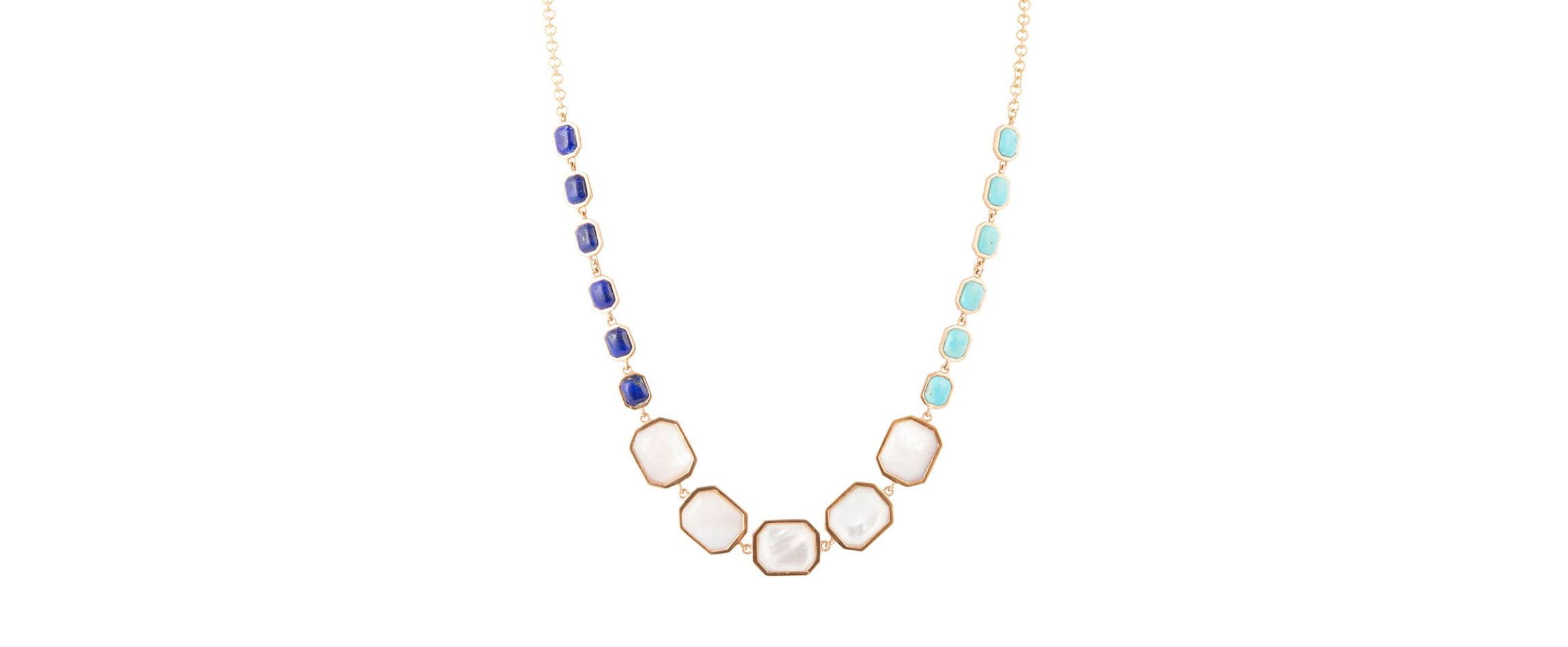 Barse Jewelry Dual Color Blue Lapis Turquoise and White Mother of Pearl Golden Necklace