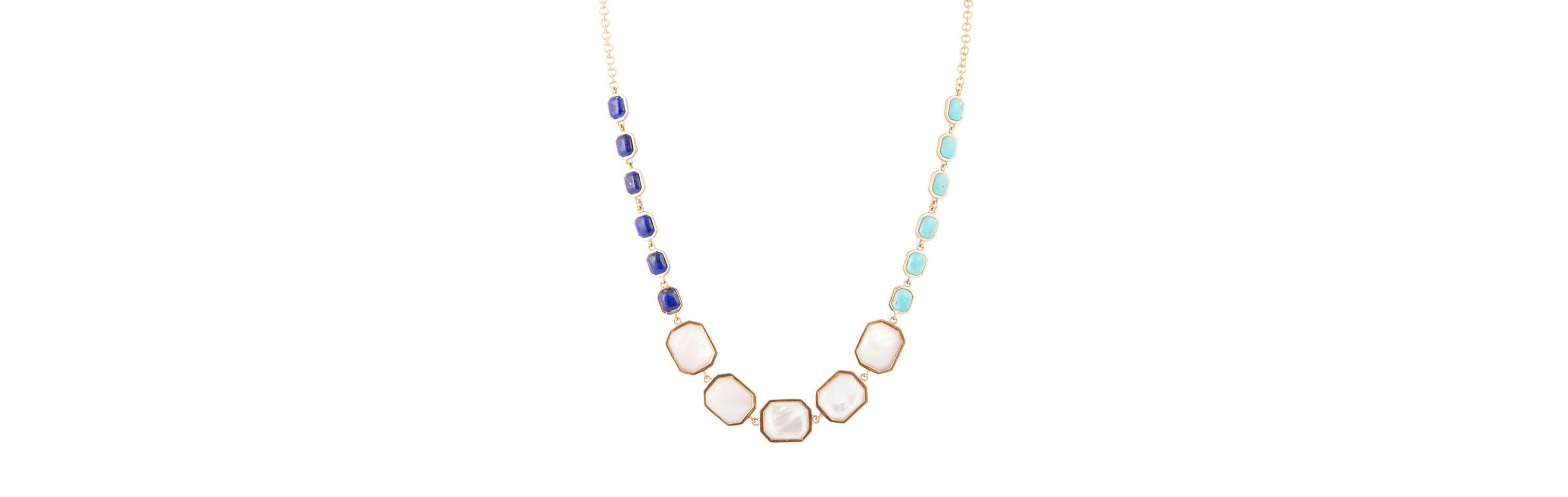 Barse Jewelry Dual Color Blue Lapis Turquoise and White Mother of Pearl Golden Necklace