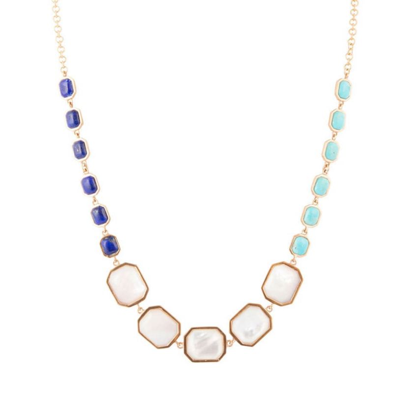 Barse Jewelry Dual Color Blue Lapis Turquoise and White Mother of Pearl Golden Necklace