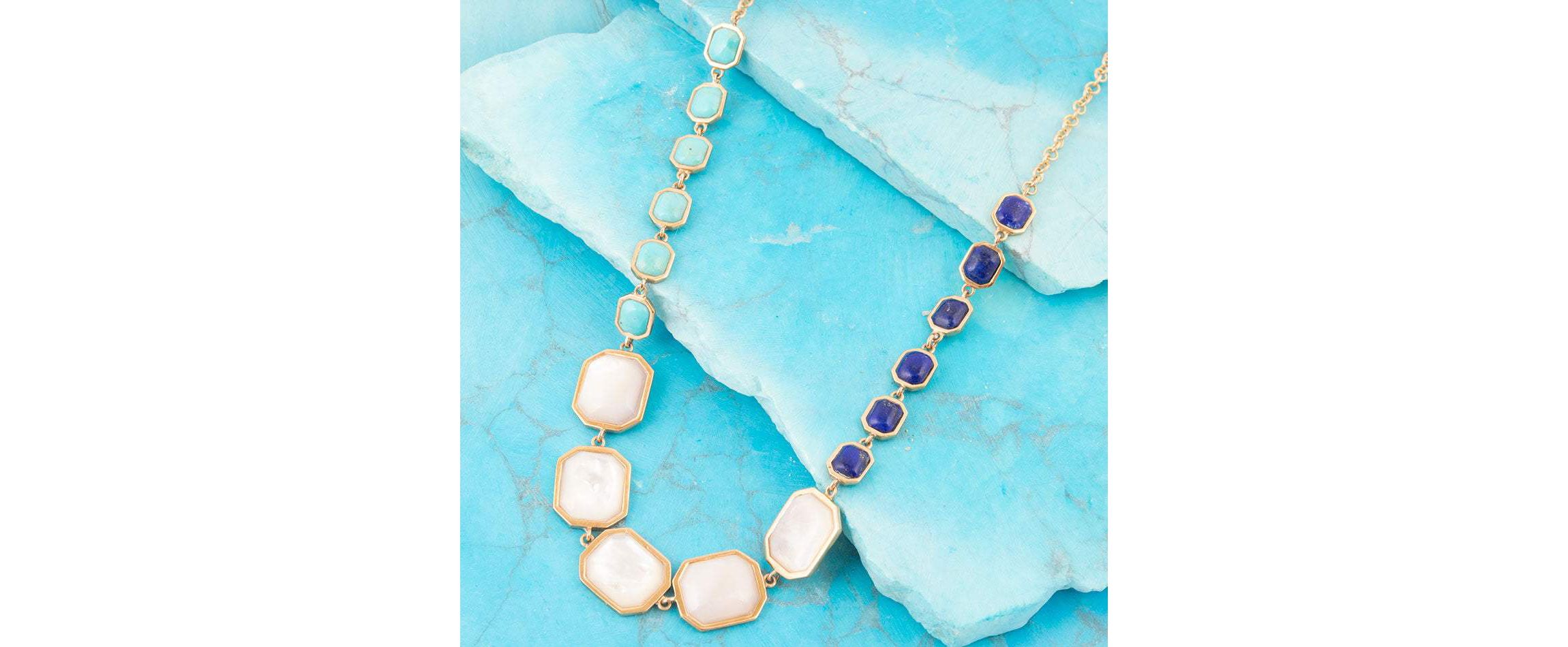 Barse Jewelry Dual Color Blue Lapis Turquoise and White Mother of Pearl Golden Necklace