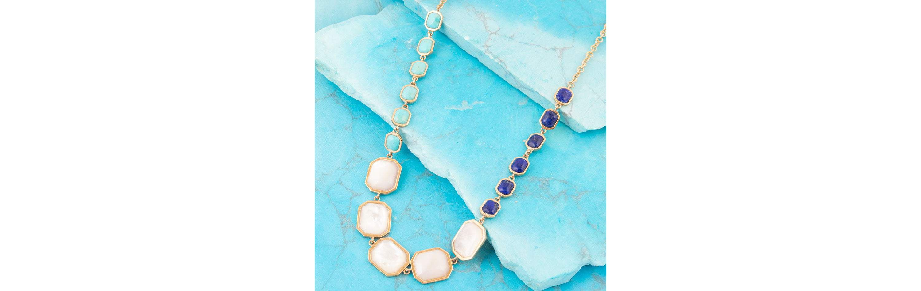 Barse Jewelry Dual Color Blue Lapis Turquoise and White Mother of Pearl Golden Necklace