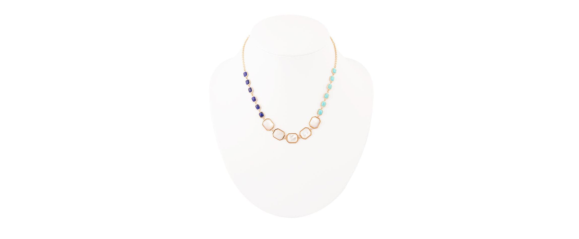 Barse Jewelry Dual Color Blue Lapis Turquoise and White Mother of Pearl Golden Necklace
