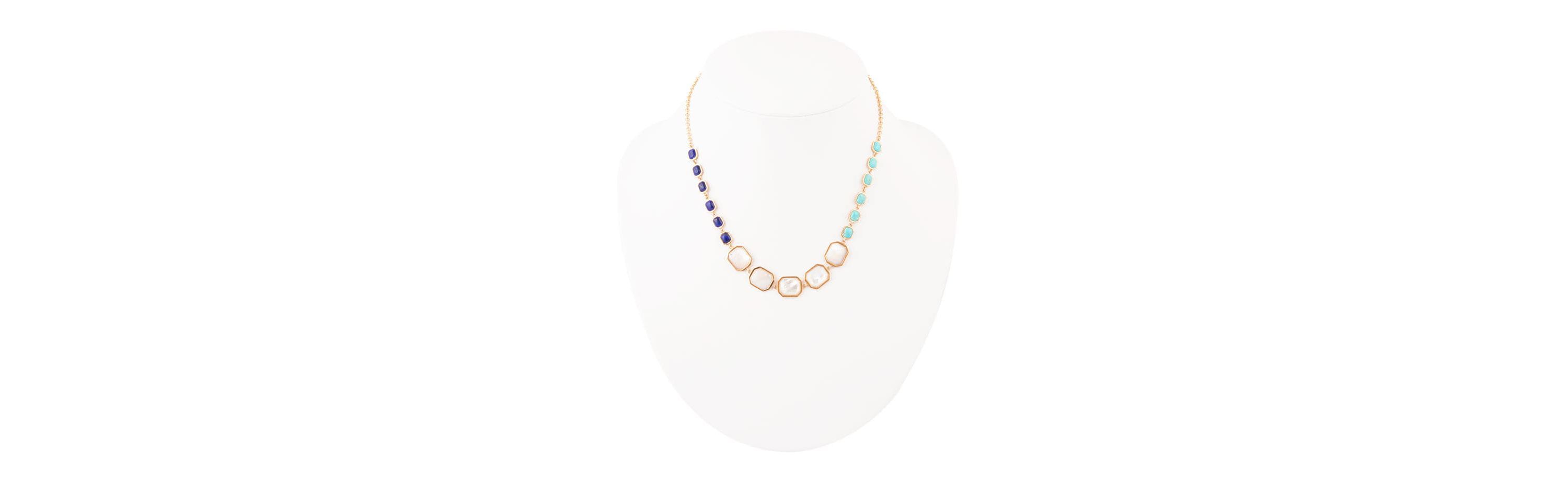 Barse Jewelry Dual Color Blue Lapis Turquoise and White Mother of Pearl Golden Necklace