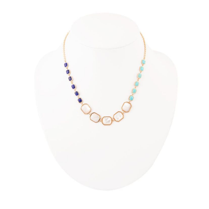 Barse Jewelry Dual Color Blue Lapis Turquoise and White Mother of Pearl Golden Necklace