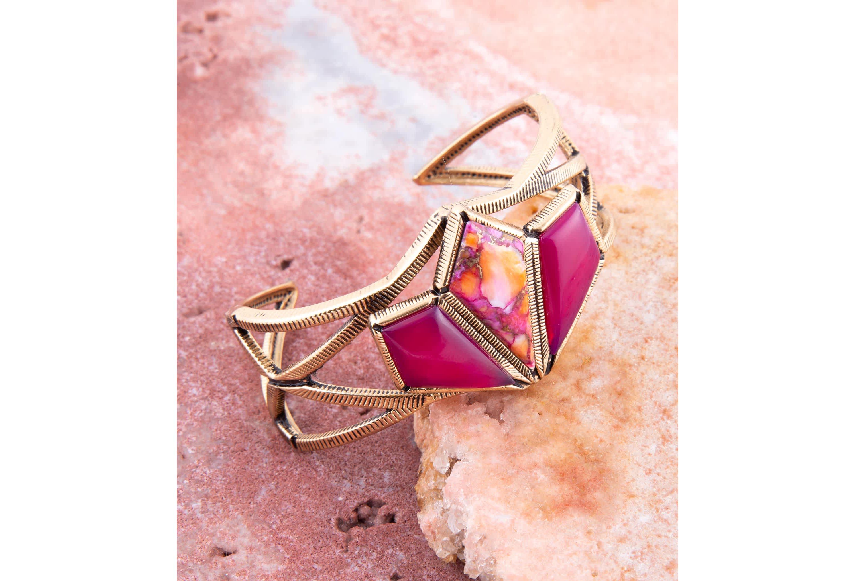 Barse Jewelry Pink Agate and Coral Matrix Golden Cuff Bracelet