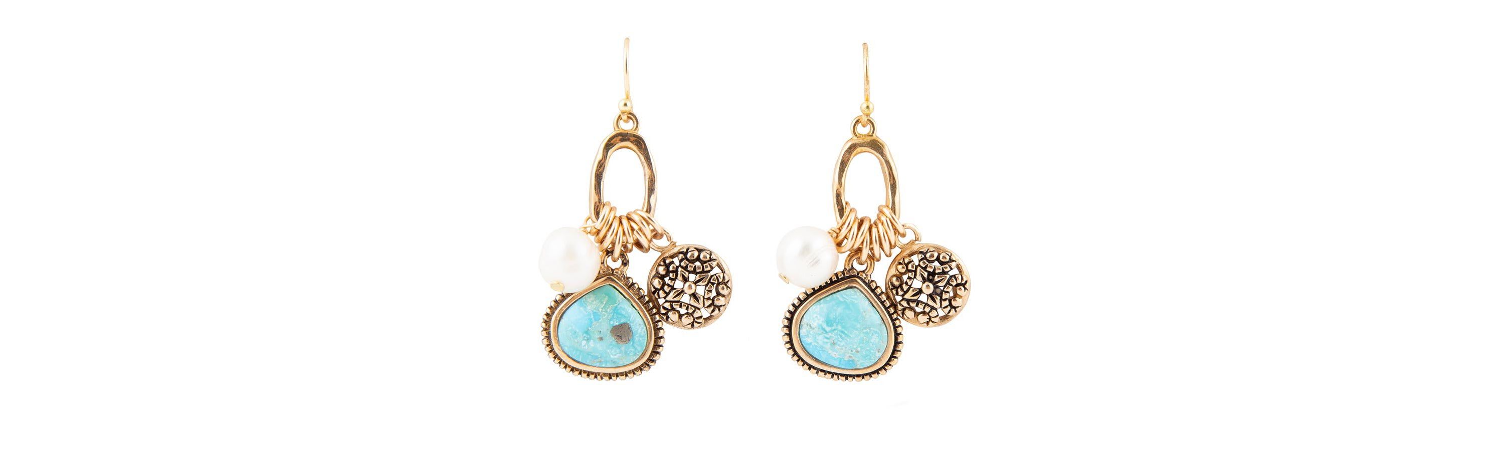 Blue Turquoise and White Pearl Multi Charm Golden Charm Earrings