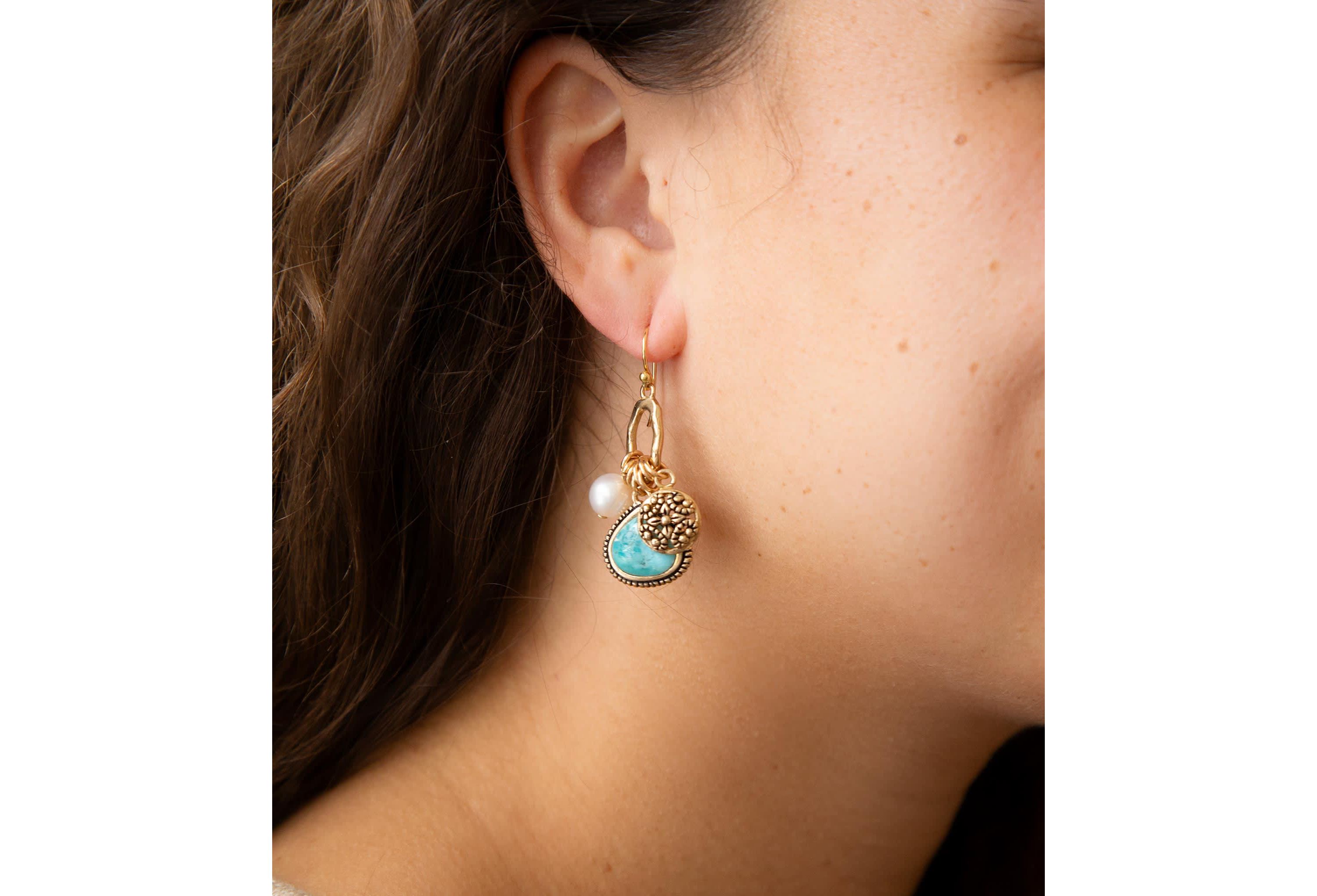 Blue Turquoise and White Pearl Multi Charm Golden Charm Earrings