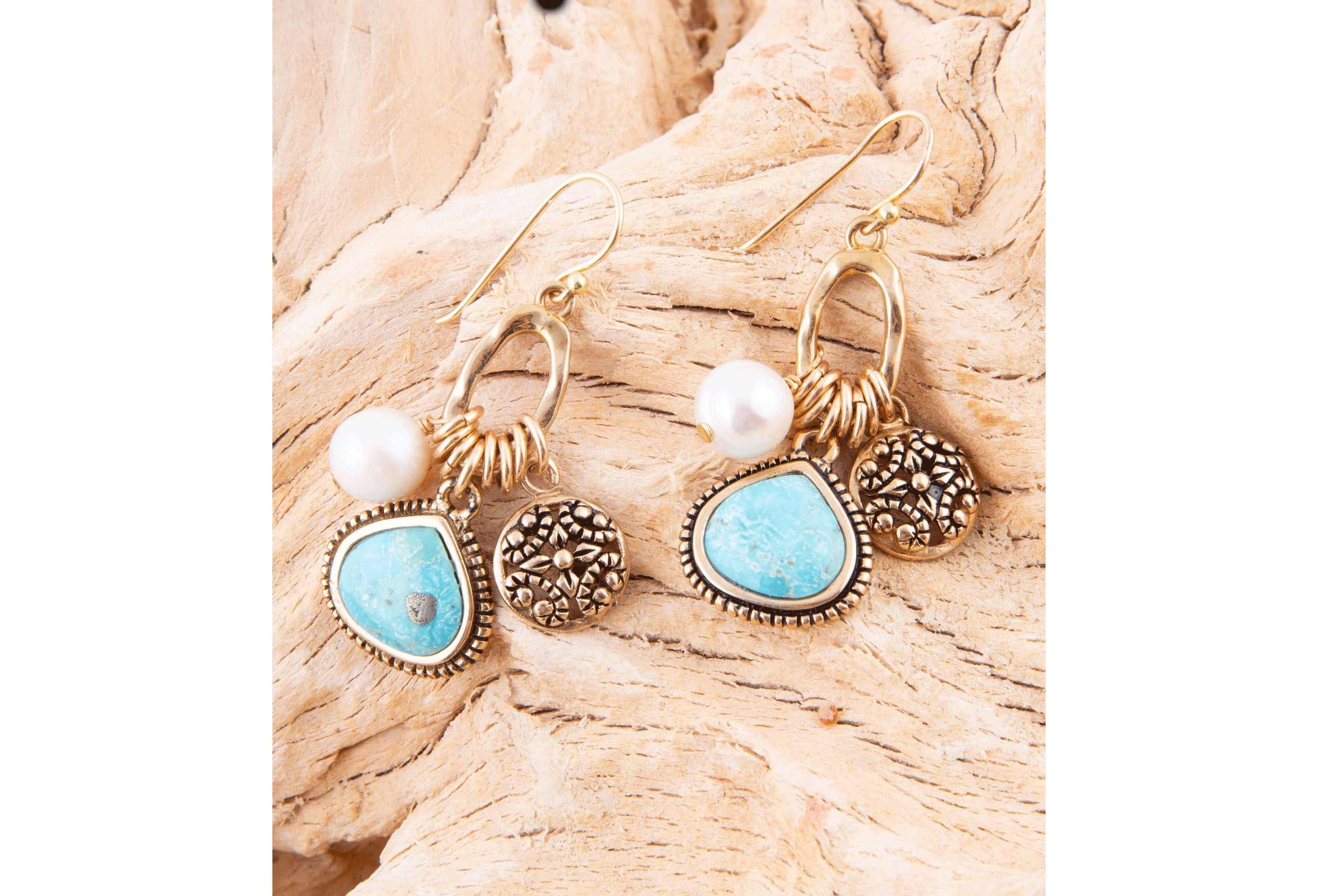 Blue Turquoise and White Pearl Multi Charm Golden Charm Earrings