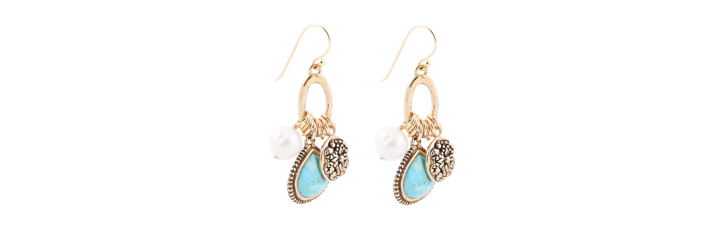 Blue Turquoise and White Pearl Multi Charm Golden Charm Earrings