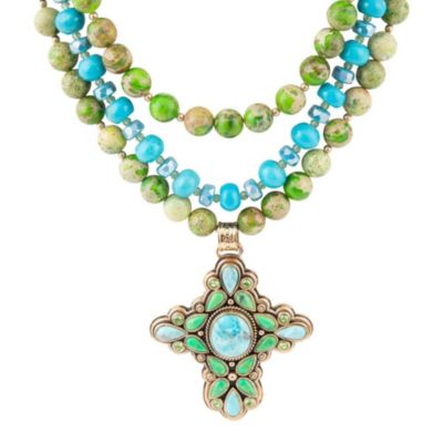 Barse Jewelry Legacy Lime Green and Blue Turquoise Golden Cross Pendant Statement Necklace