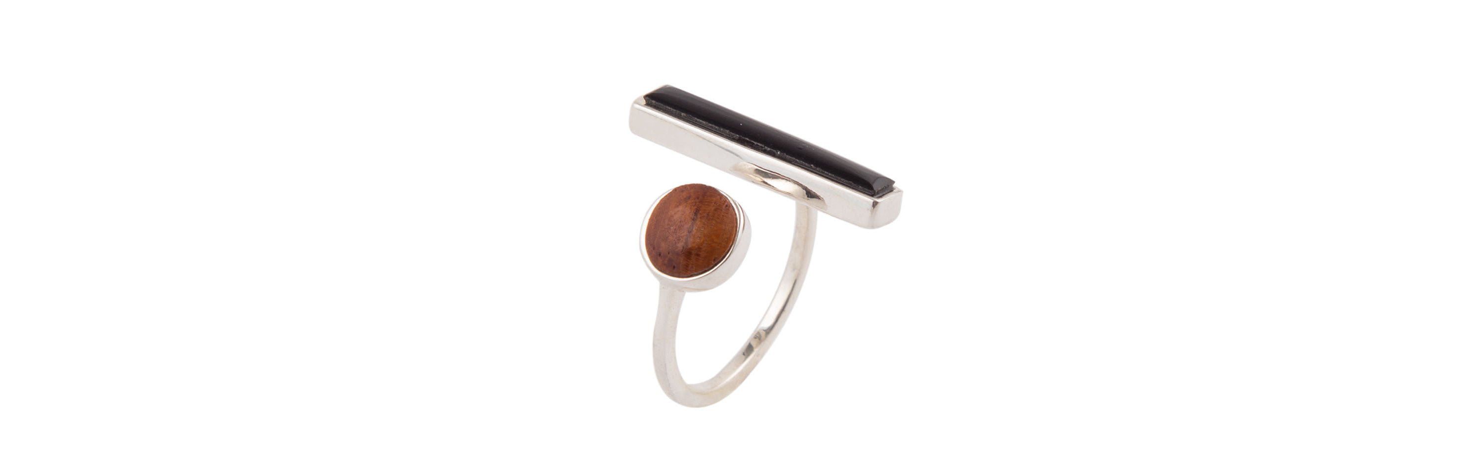 Wood and Onyx Size Adjustable Sterling Silver Ring