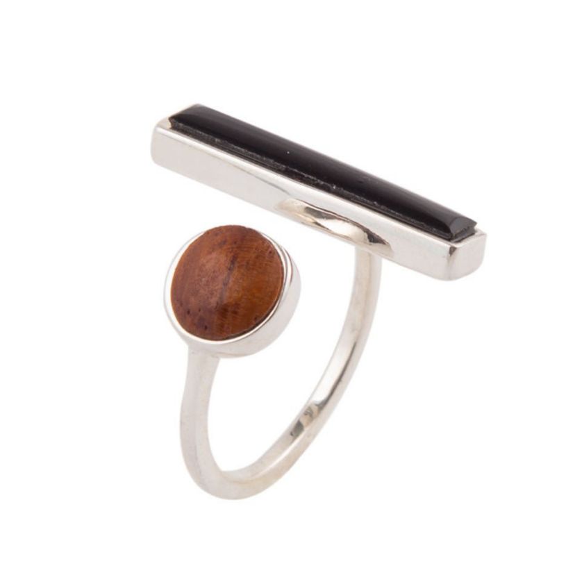 Wood and Onyx Size Adjustable Sterling Silver Ring