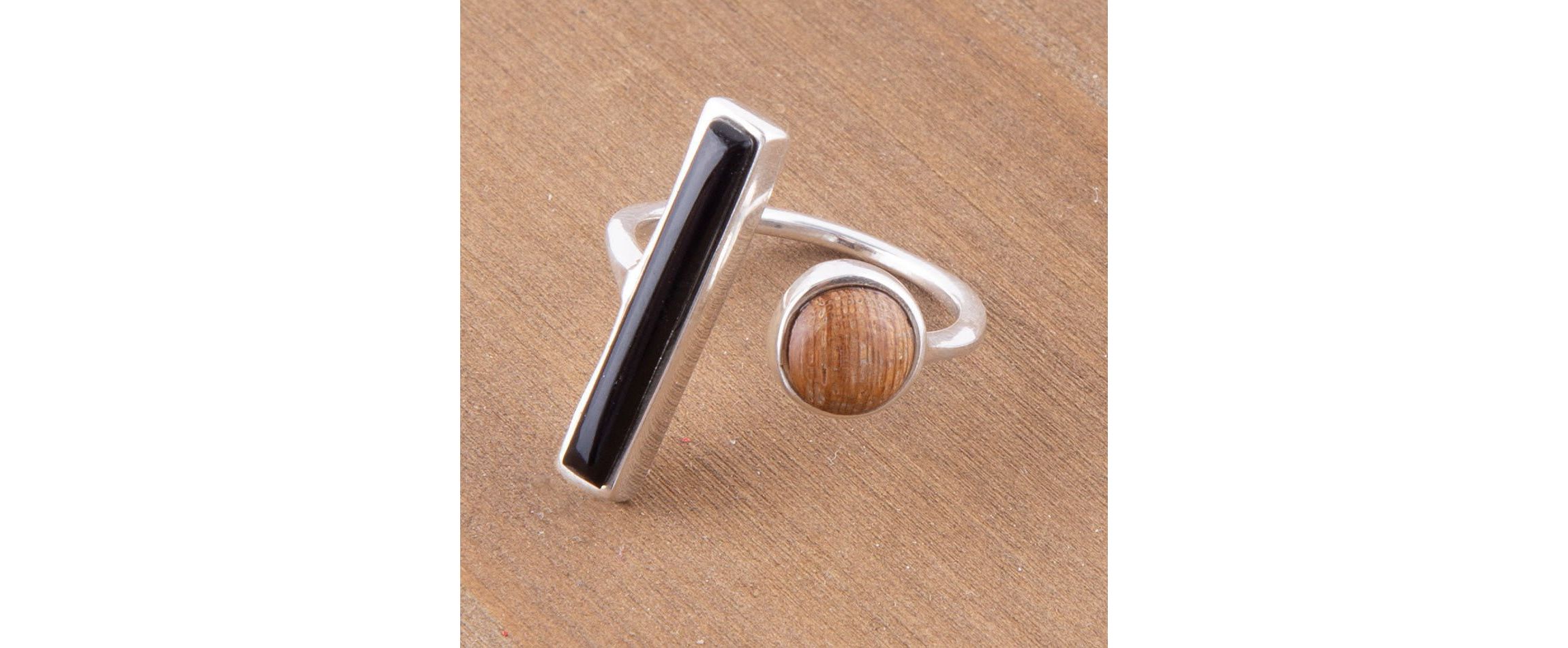 Wood and Onyx Size Adjustable Sterling Silver Ring