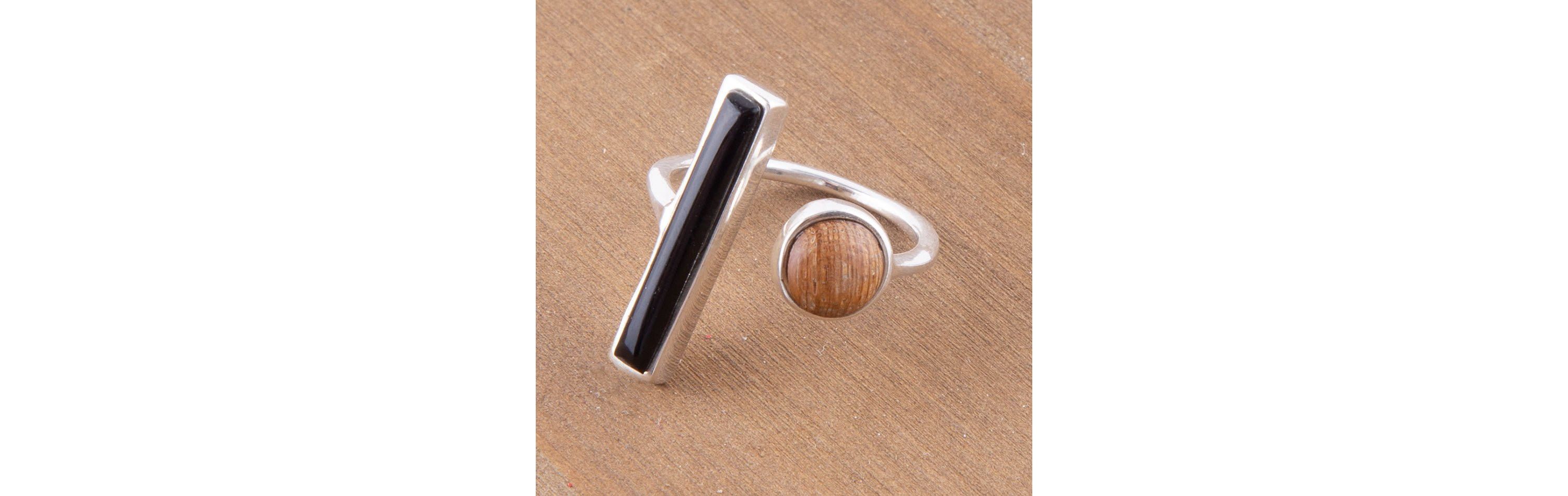 Wood and Onyx Size Adjustable Sterling Silver Ring