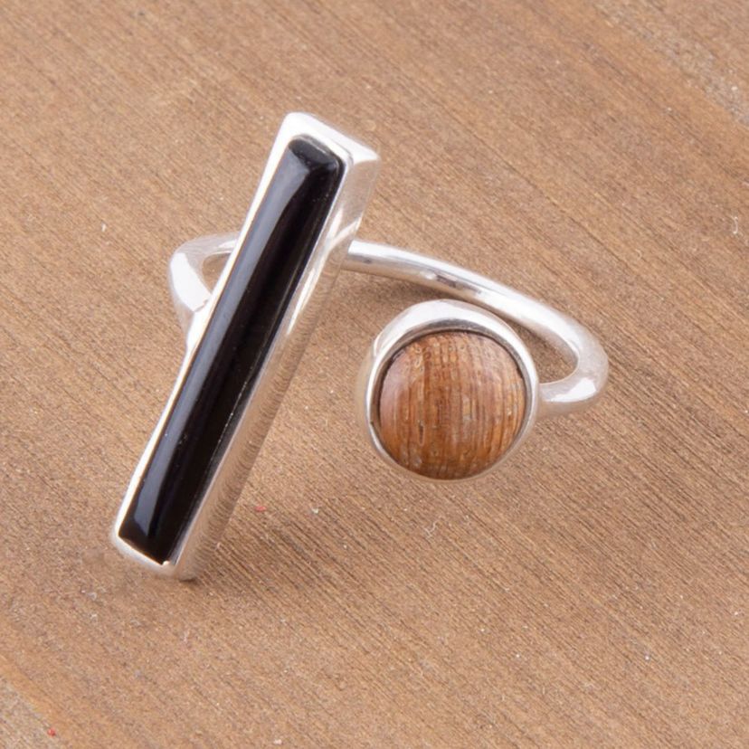 Wood and Onyx Size Adjustable Sterling Silver Ring
