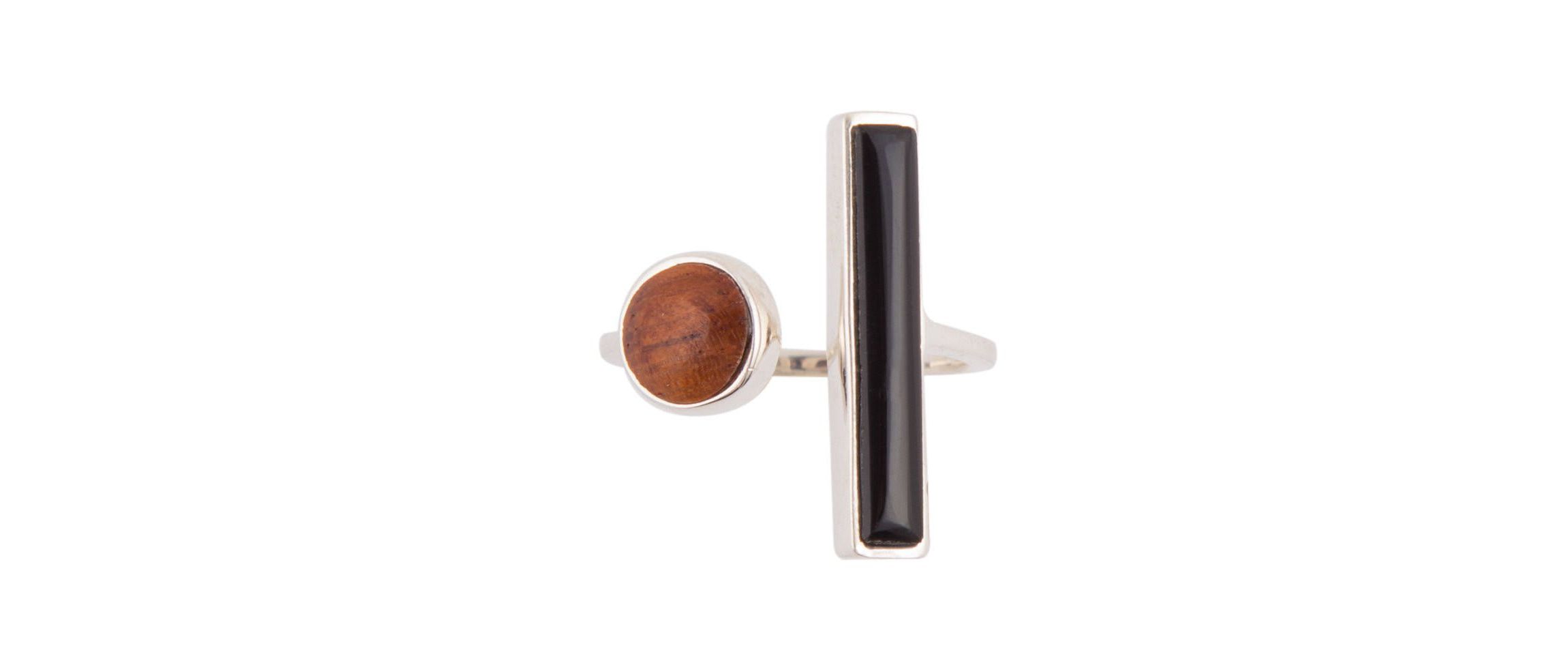Wood and Onyx Size Adjustable Sterling Silver Ring